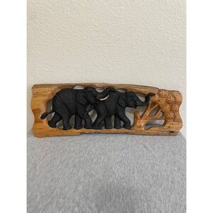 Unbranded Hand Carved Elephant Wood Wall Plaque Brown Black Excellent Relief Art